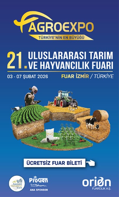 Agroexpo 21st International Agriculture Fair poster, Izmir, Feb 2026, featuring farming and livestock.
