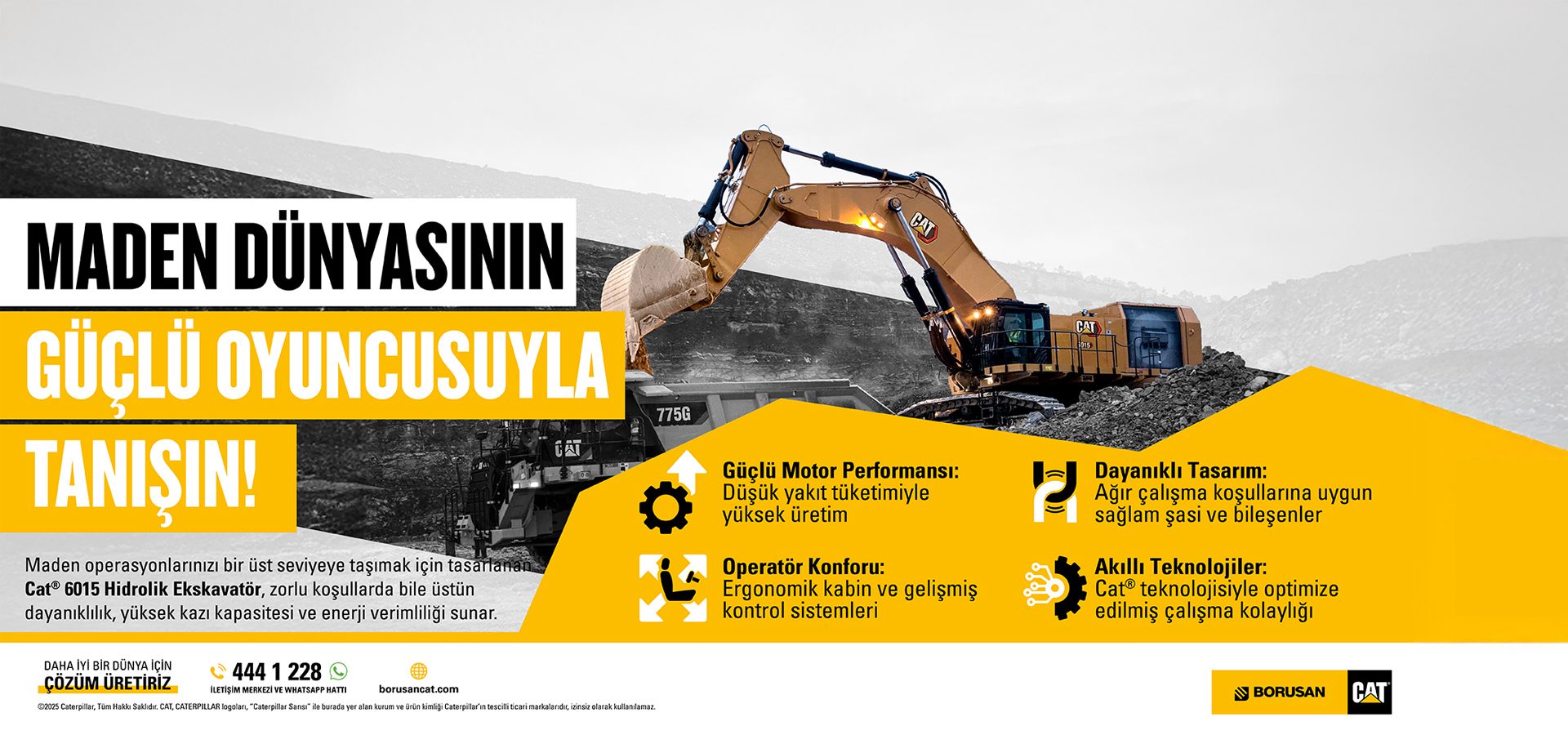 Cat 6015 hydraulic excavator loading a dump truck in a mine, promoting its power and features.