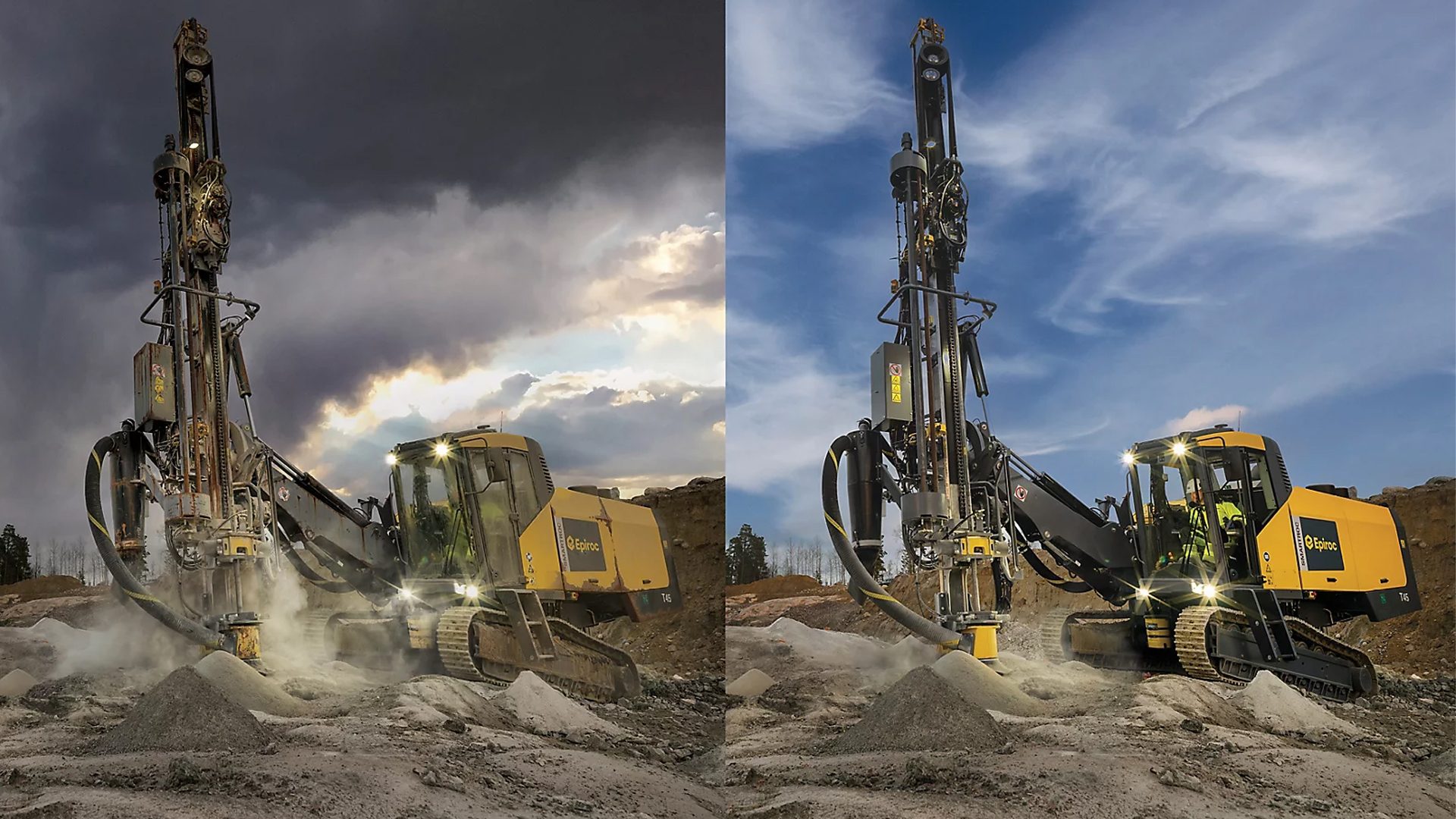 Two yellow Epiroc drilling rigs working on a construction site, shown under stormy and clear skies.