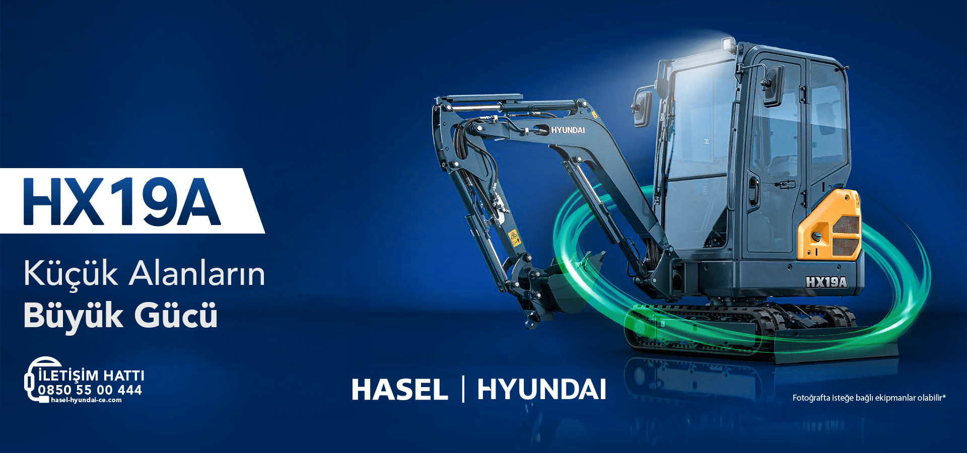 Hyundai HX19A mini excavator, "Big Power for Small Areas" slogan on a blue background.