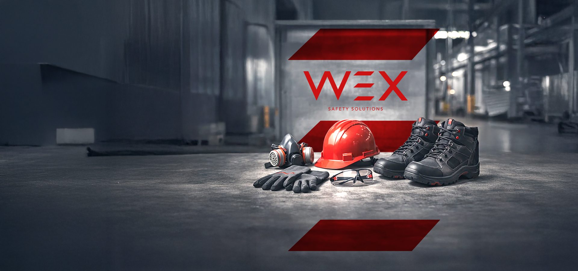 WEX Safety Solutions PPE: hard hat, respirator, gloves, glasses, boots in industrial setting.