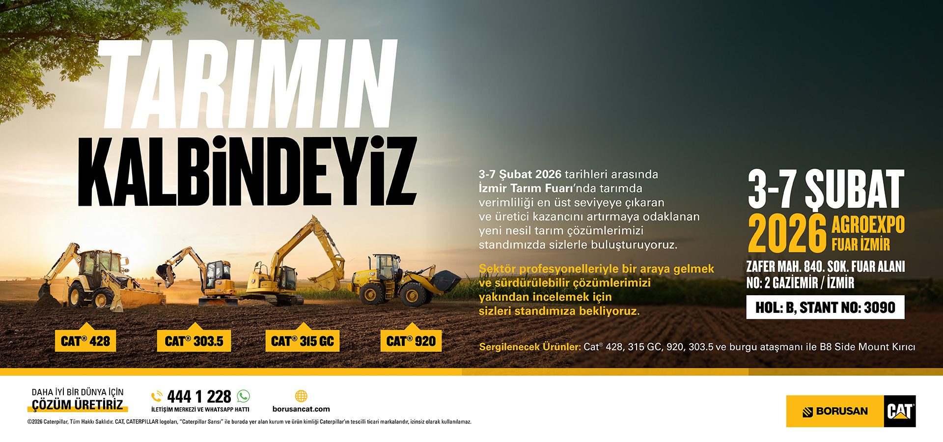 Borusan Cat ad for Agroexpo Izmir 2026: Caterpillar agricultural machines in a field, 3-7 Feb.