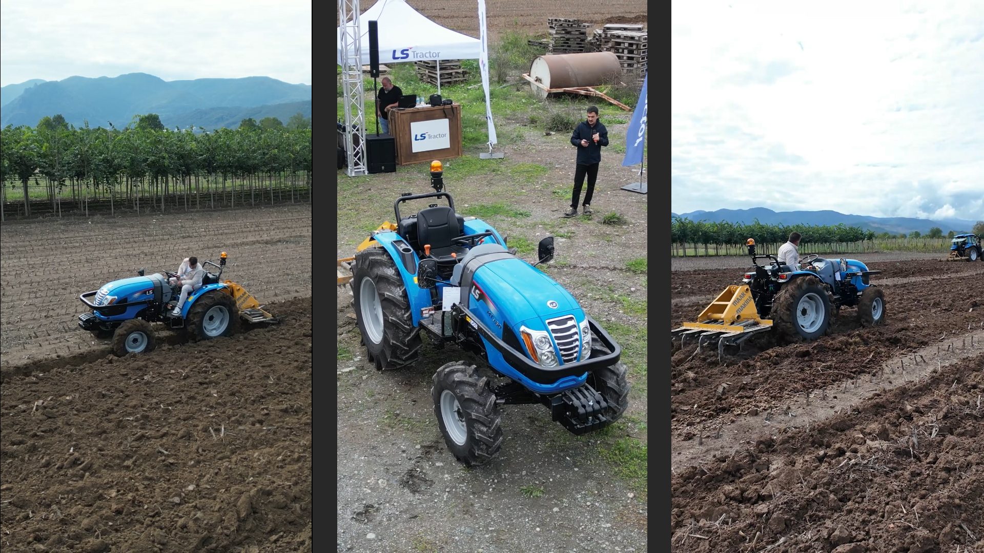 Blue LS Tractors plowing a field and displayed at an outdoor event.