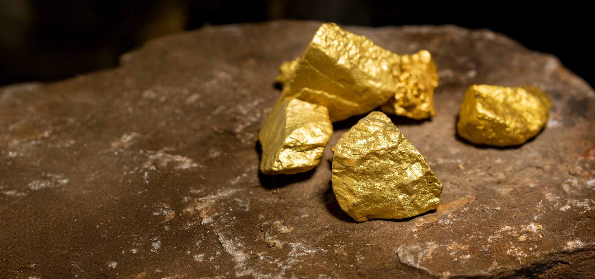 Rough gold nuggets on a dark rock.