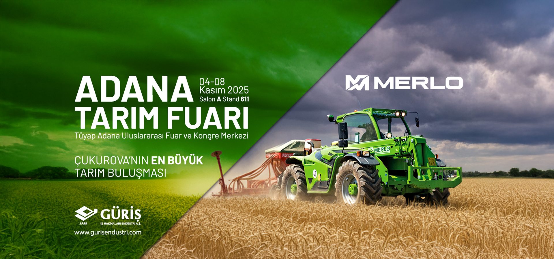 A green farm machine in a wheat field, promoting the Adana Agricultural Fair 2025 with Merlo and Güriş.