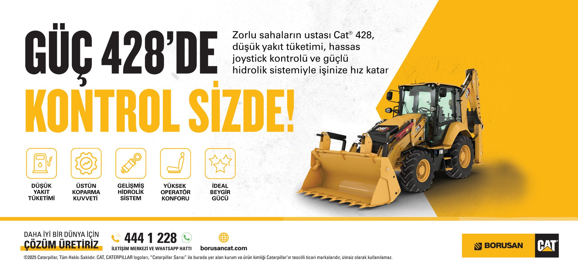 Cat 428 backhoe loader ad highlighting power, control, and key features.