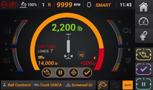 Digital vehicle dashboard: 2,200 lb load, 7 total loads, 14,000 lb capacity, RPM, time, and gauges.