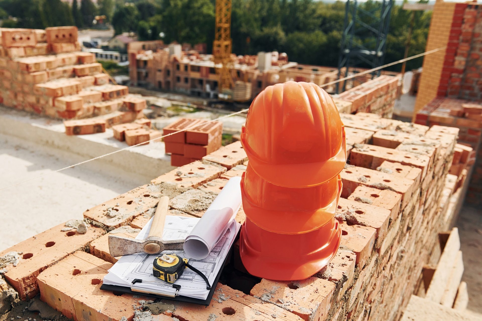 Hard hat, Construction worker, Brick, Orange, Brickwork