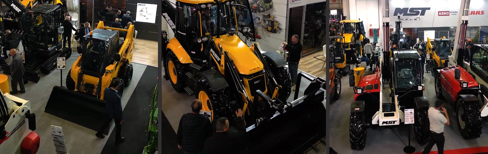 MST construction equipment on display at a trade show, with visitors viewing the machines.