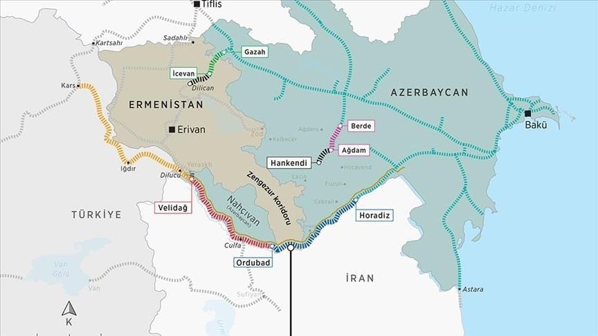 Map of Armenia, Azerbaijan, Turkey, Iran showing Zangezur corridor connecting Azerbaijan to Nakhchivan.