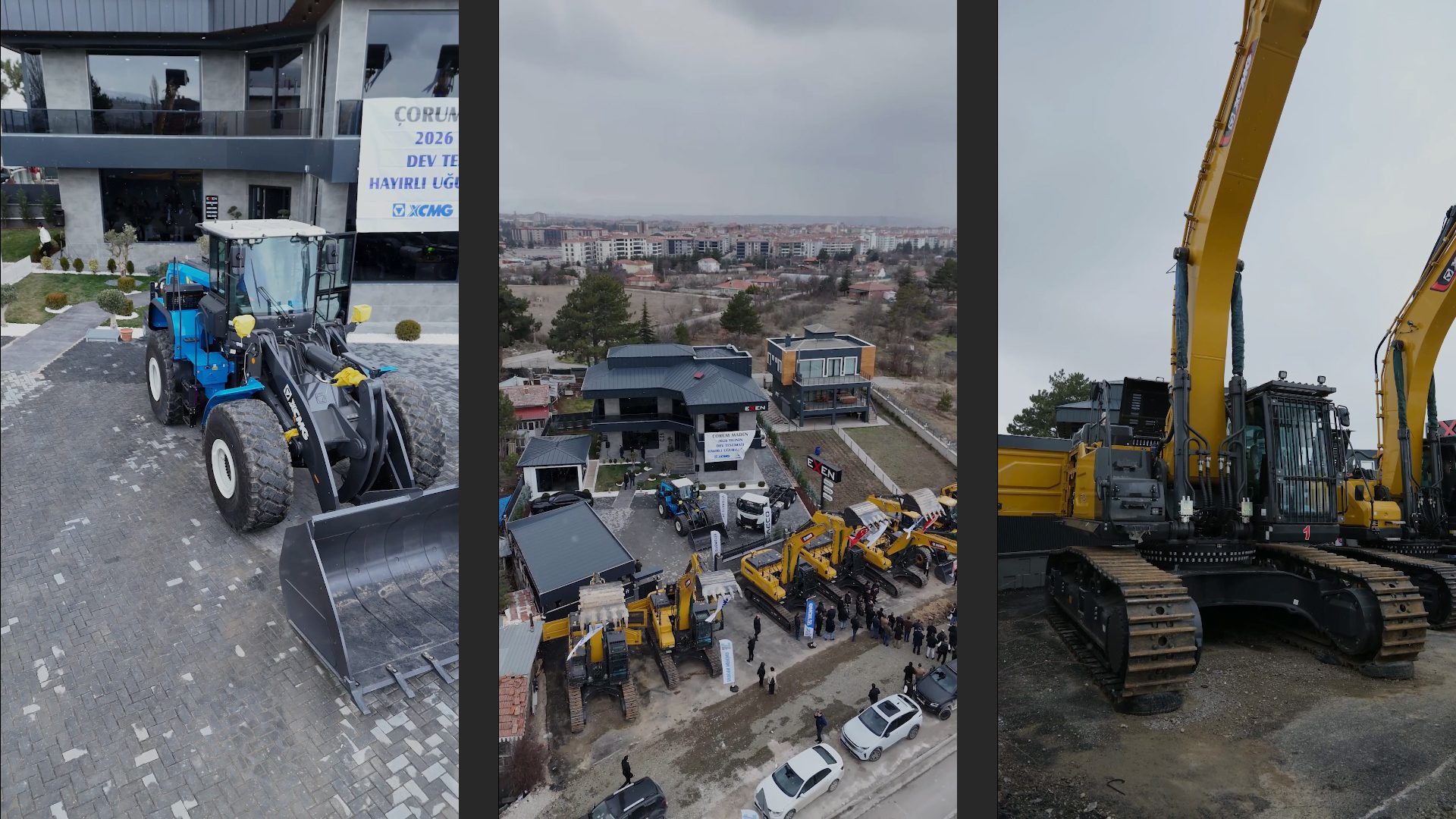 A triptych: A blue loader, an aerial view of construction machinery and people at an event, and yellow excavators.