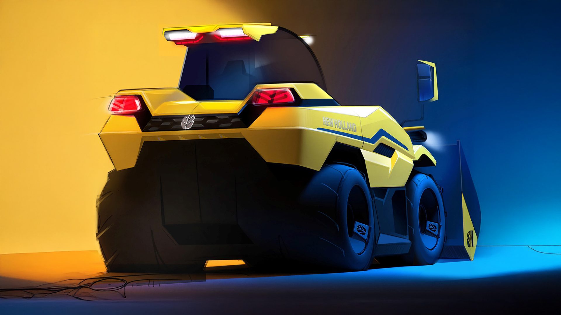 Futuristic yellow and blue New Holland loader concept vehicle, seen from a rear-left perspective.