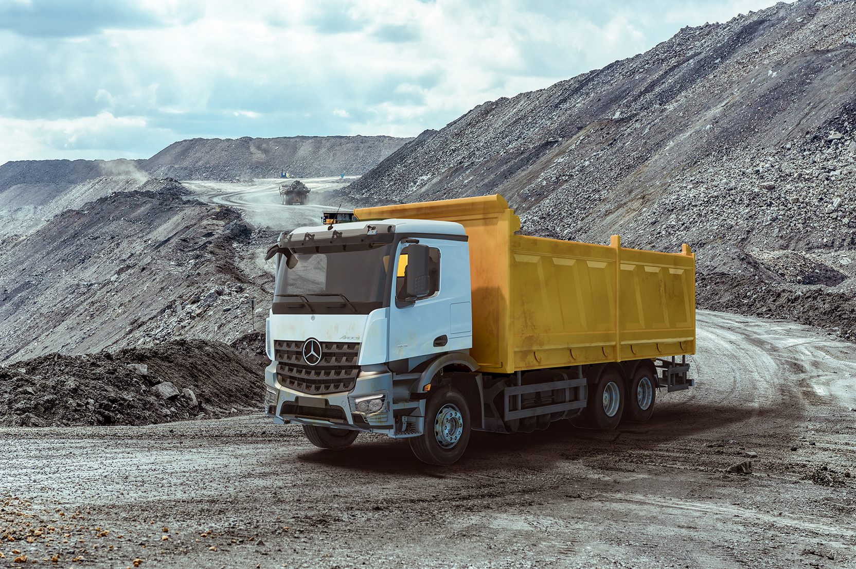 Land vehicle, Automotive tire, Cloud, Sky, Mountain, Truck, Wheel, Asphalt