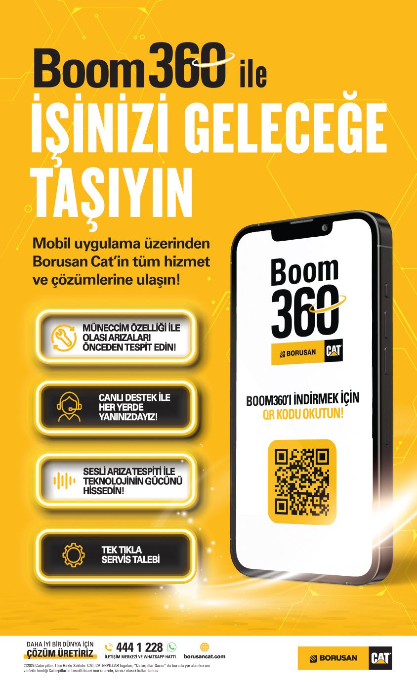 Borusan Cat Boom360 mobile app ad with features like fault detection, live support, and service requests.