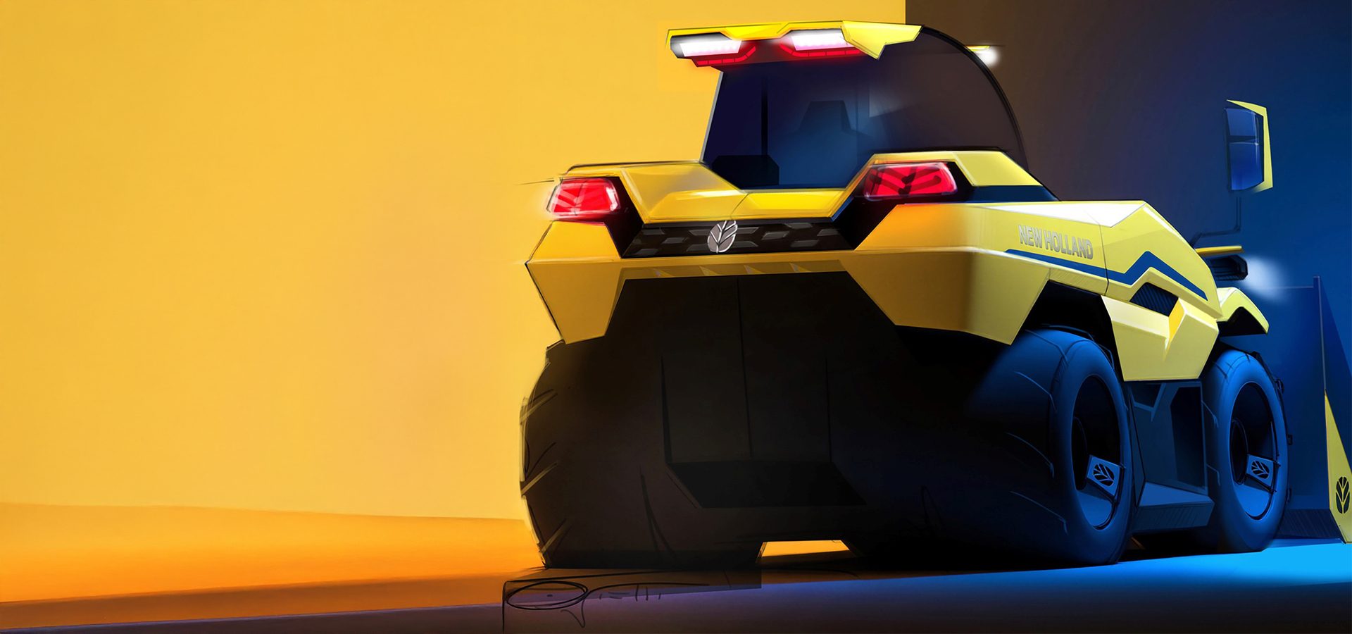 Rear view of a yellow and blue New Holland concept vehicle, showcasing its modern design and lighting.