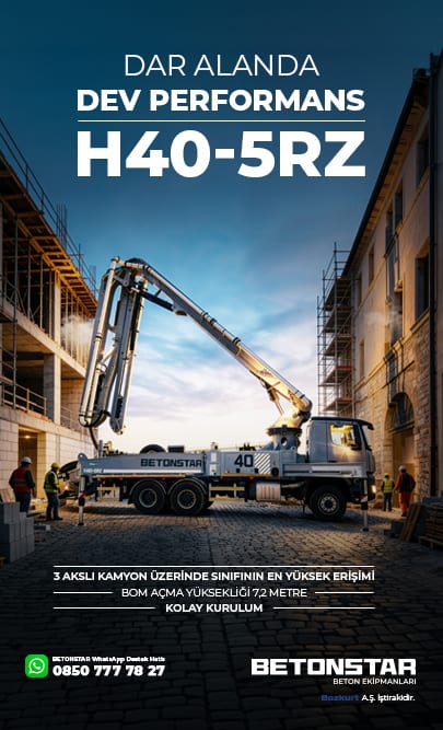 BETONSTAR H40-5RZ concrete pump truck on a construction site with an extended boom and workers.