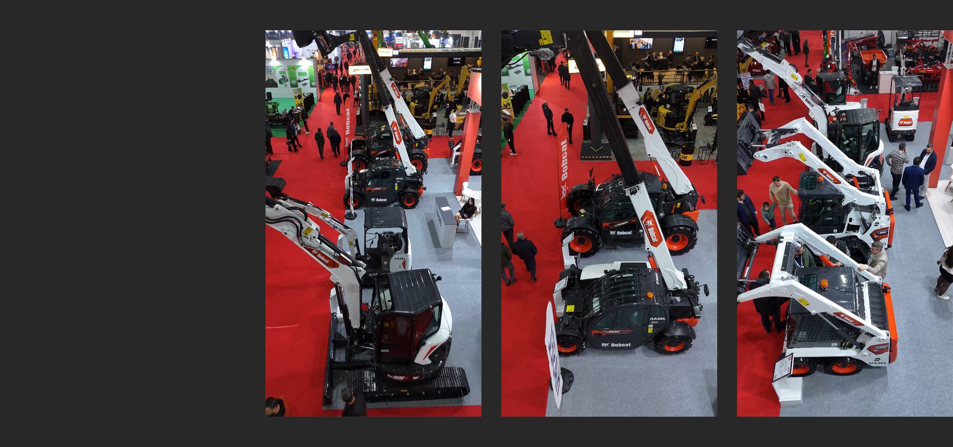 Bobcat construction machines, including excavators and loaders, displayed at an indoor exhibition.
