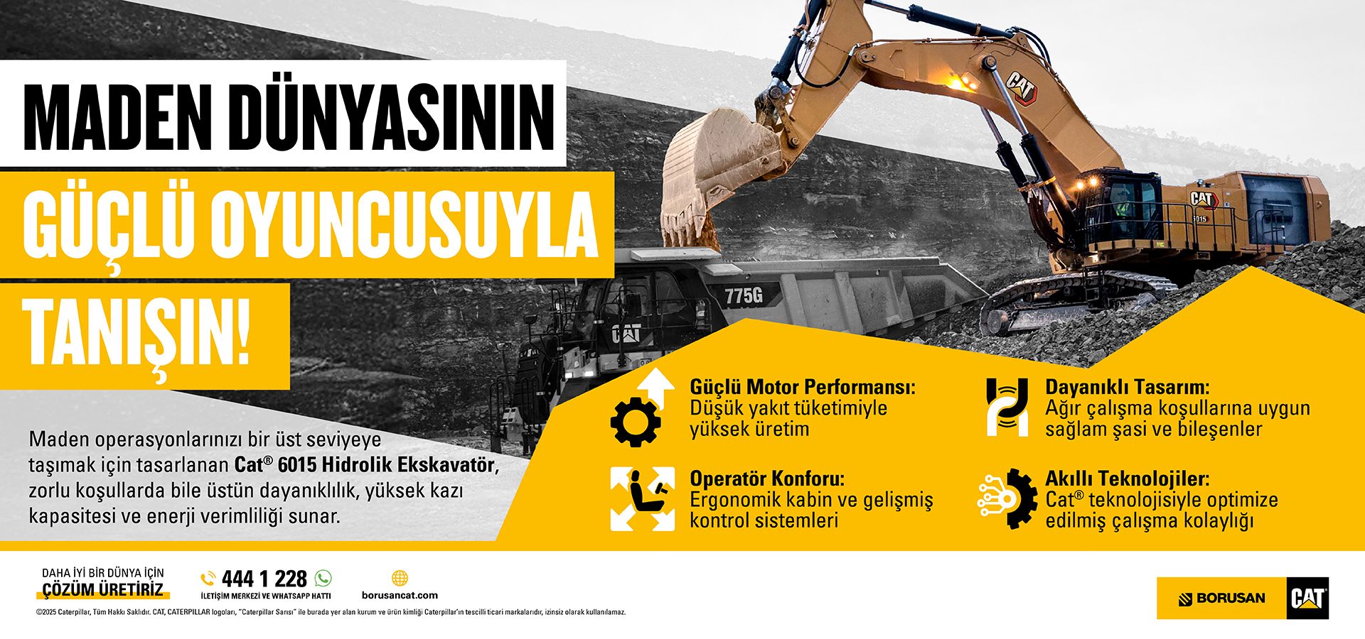 Powerful Cat 6015 hydraulic excavator loading a mining truck, promoting its features.