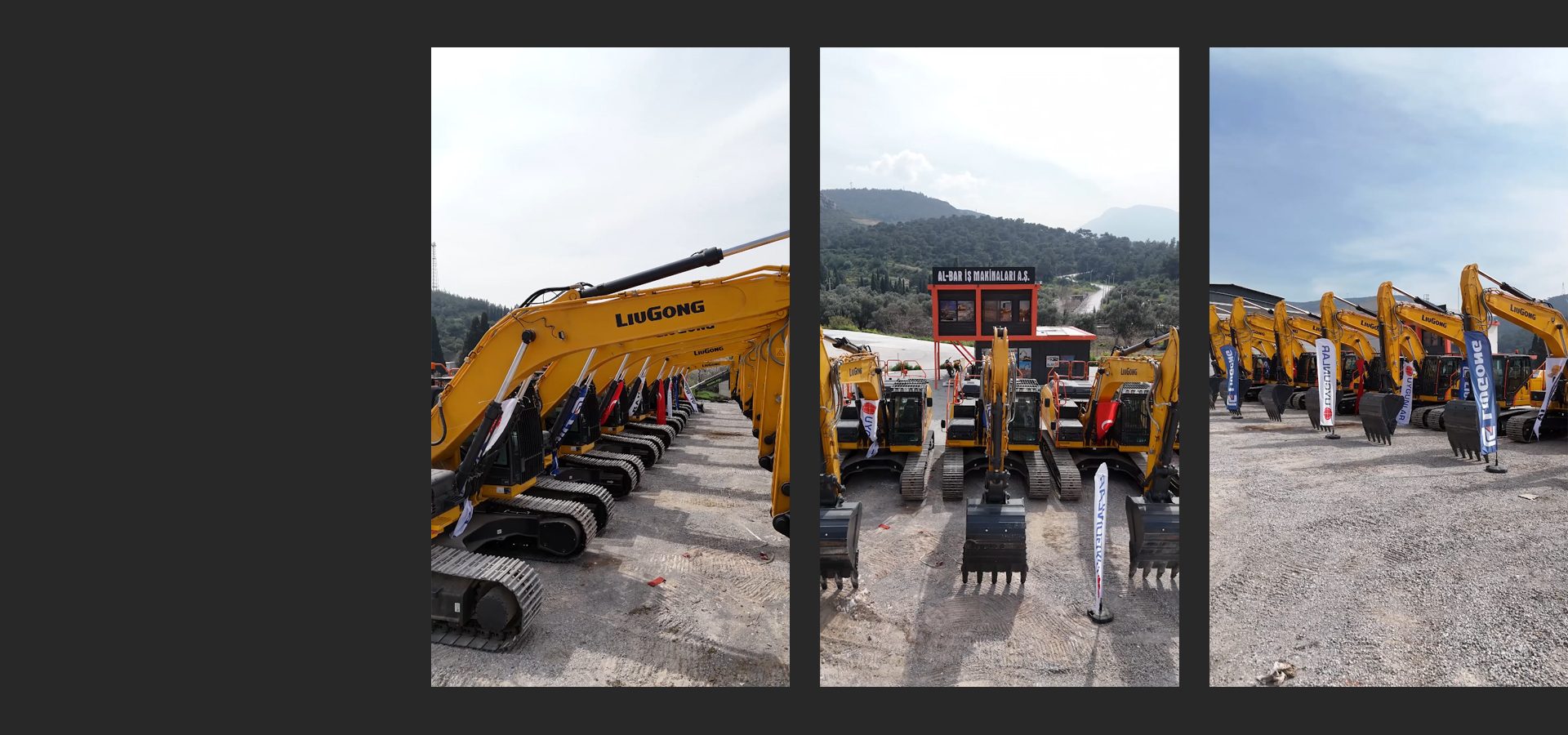 A wide shot of numerous yellow LiuGong excavators lined up outdoors, with mountains and a building in the background.