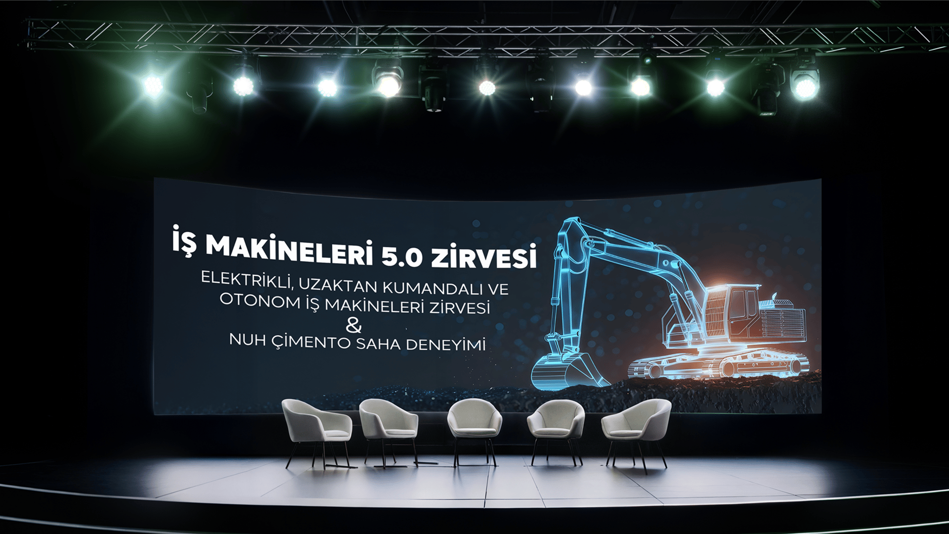 Stage with curved screen displaying "Heavy Equipment 5.0 Summit" text, an excavator, and five chairs.