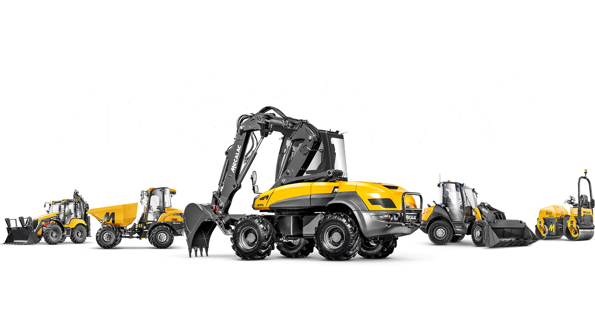 Yellow and gray Mecalac construction equipment lineup.
