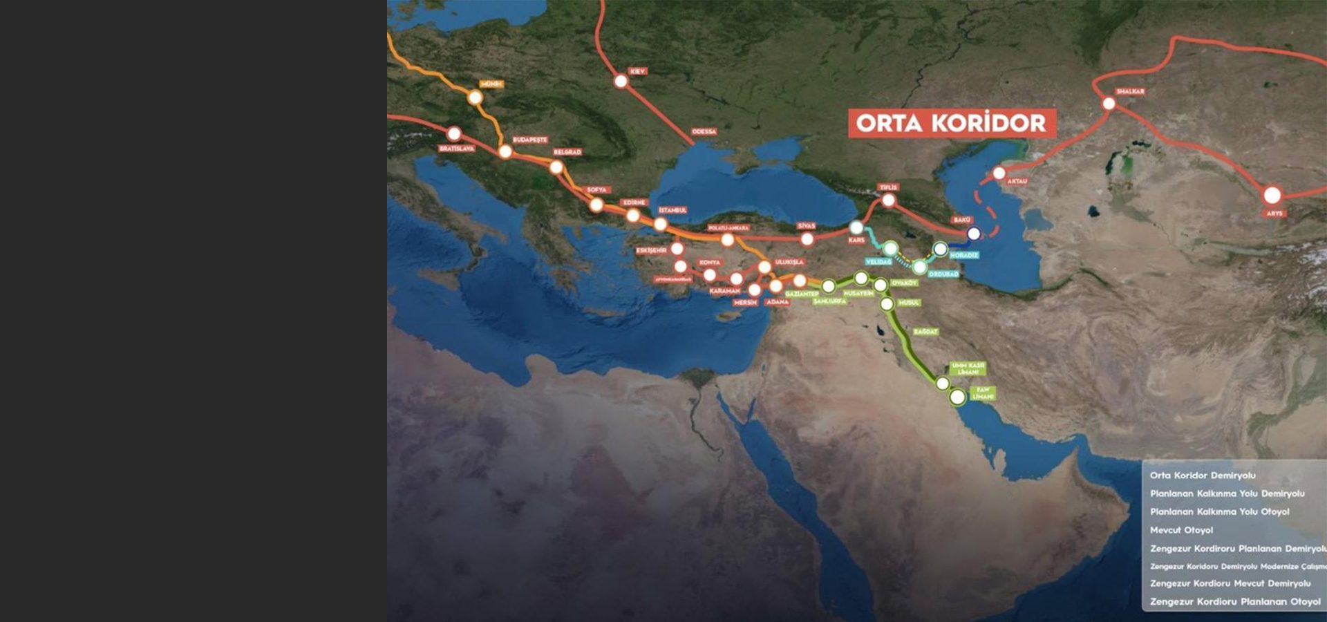 Map of Eurasia displaying the Middle Corridor and other planned and existing transport routes.