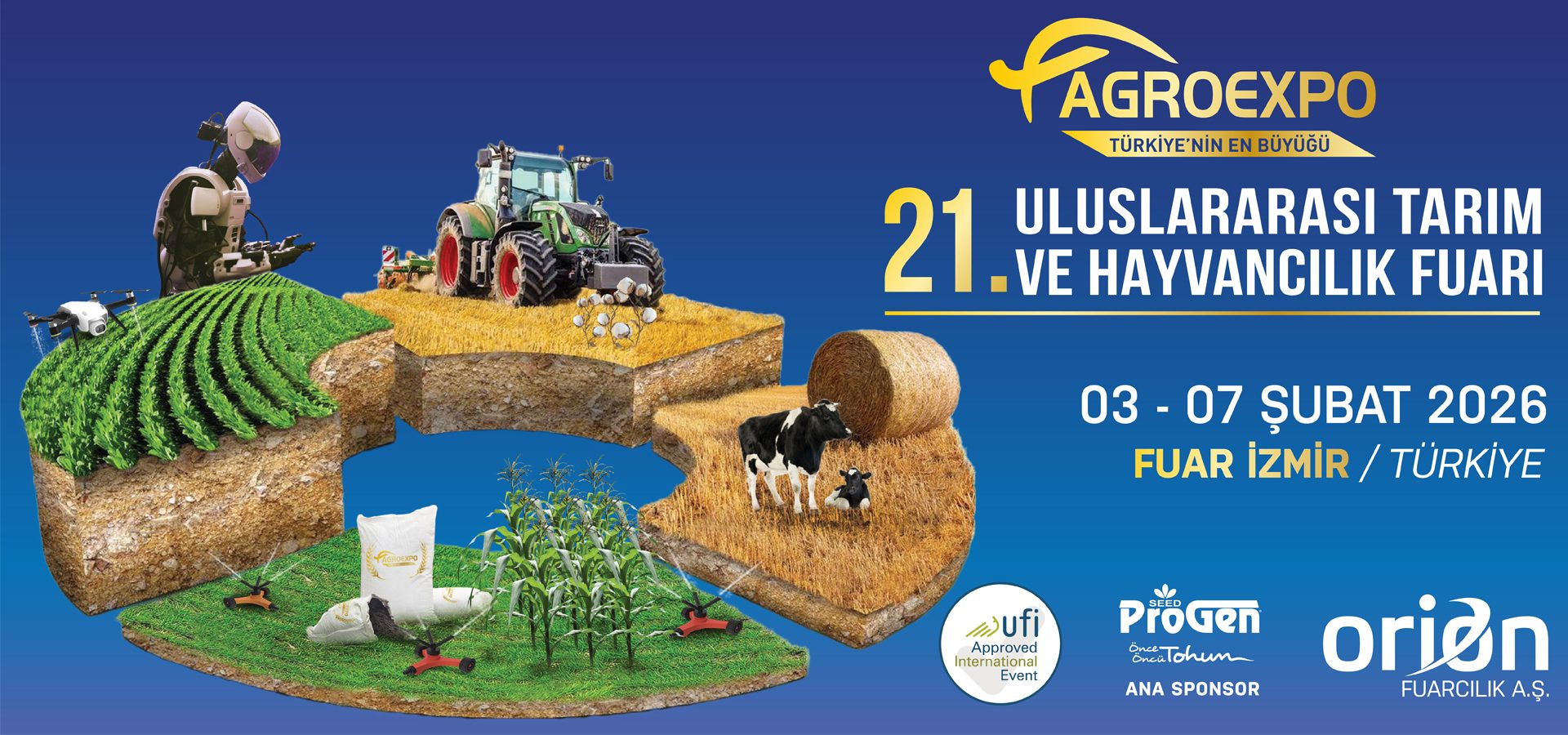 Agroexpo 21st International Agriculture & Livestock Fair poster, Izmir, Turkey, Feb 3-7, 2026.