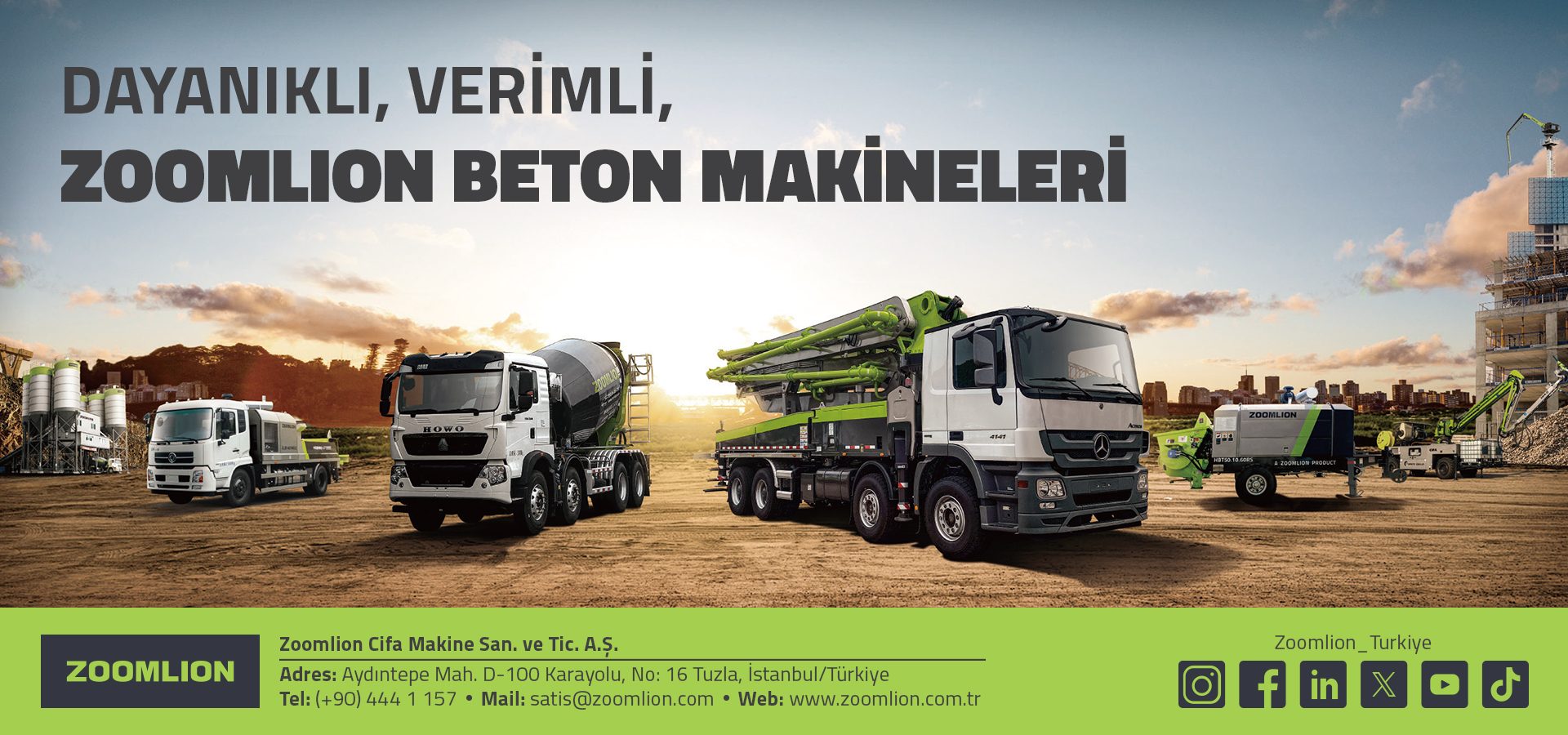 Advertisement for durable, efficient Zoomlion concrete machines: mixer and pump trucks, with contact info.