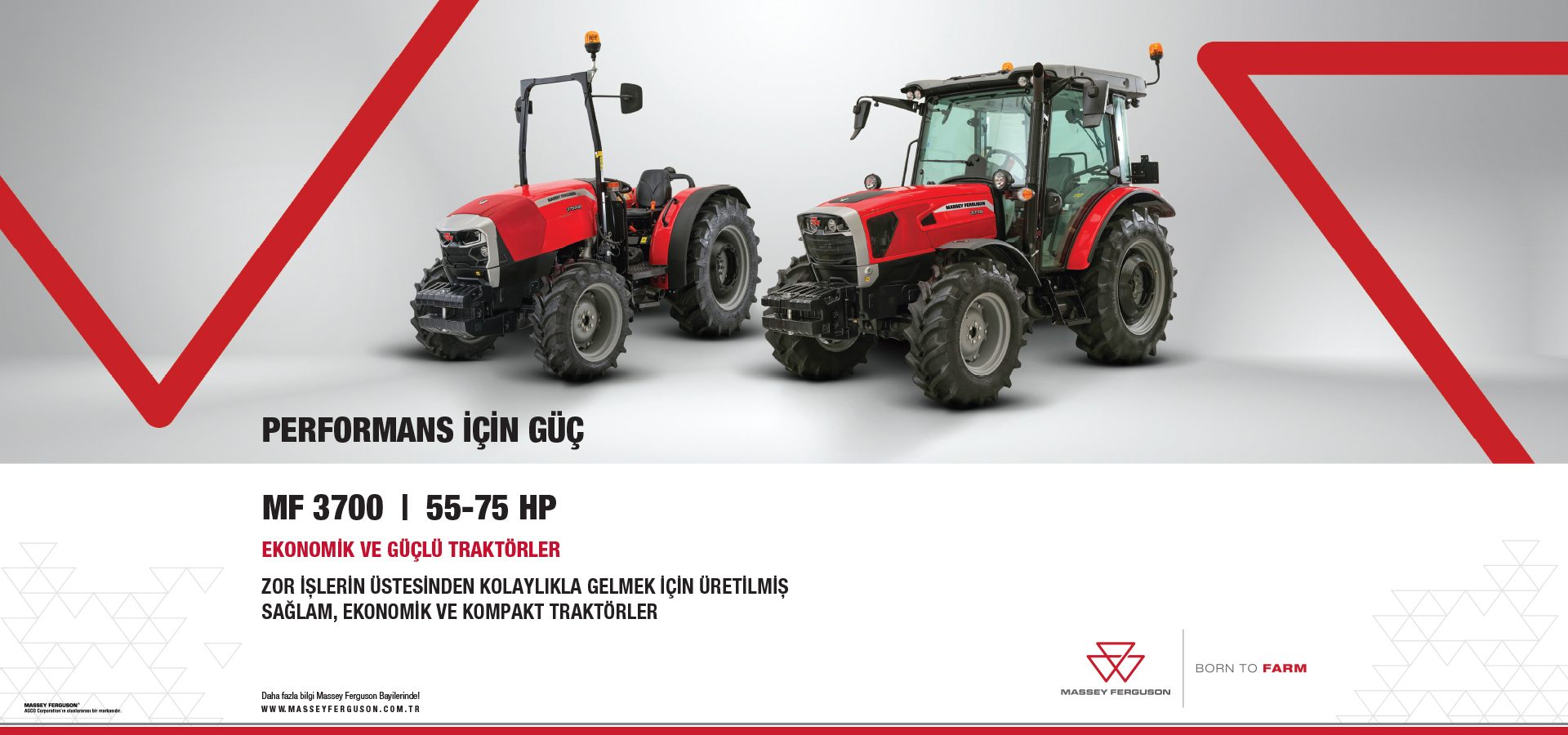 Two Massey Ferguson MF 3700 tractors (55-75 HP), 'Power for performance'.