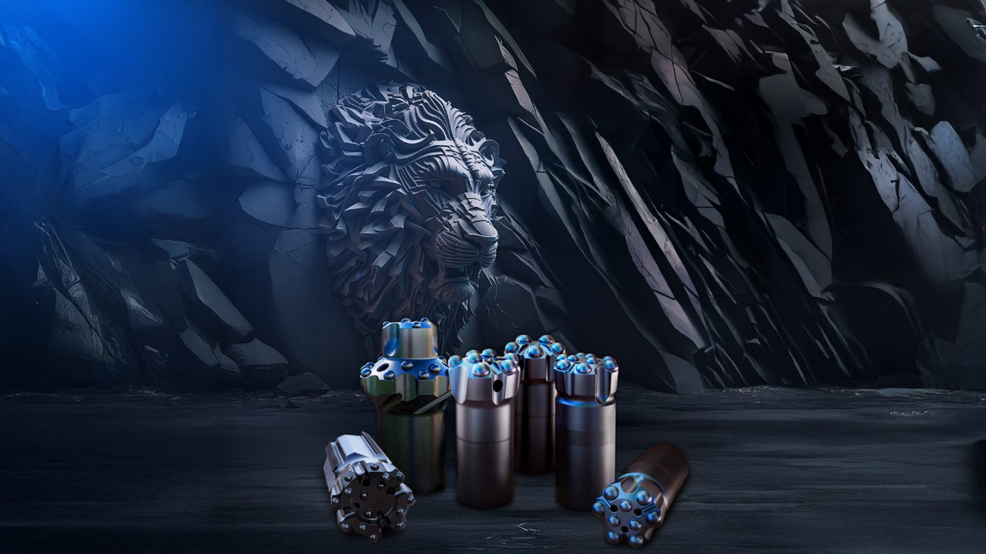 Industrial drill bits in a dark cave with a carved lion head and blue light.