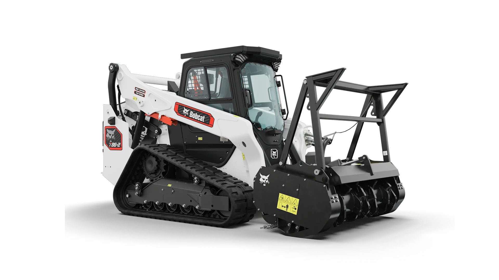 Bobcat compact track loader with a forestry mulcher attachment, ready for land clearing.
