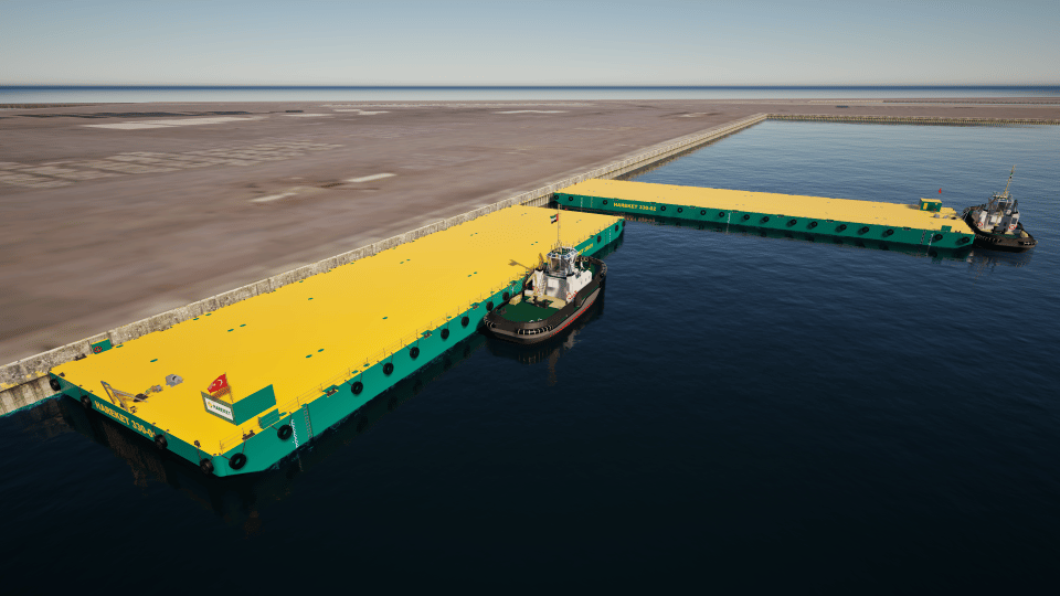 Two yellow and green floating platforms, one with a tugboat, docked at a concrete pier.