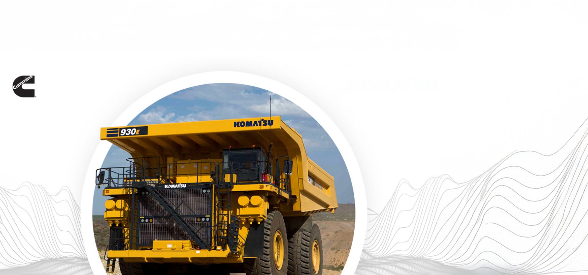 Yellow Komatsu 930E mining truck, Cummins logo, abstract lines on white.