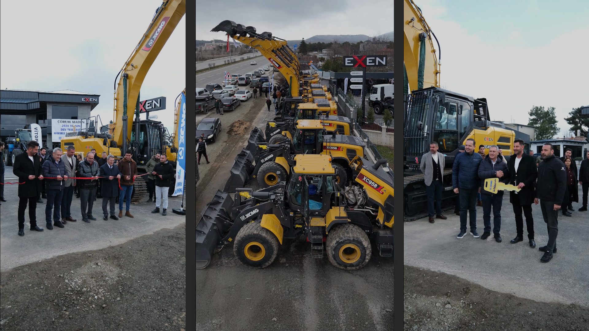 Three panels: EXEN ribbon-cutting, long line of XCMG excavators/loaders, and a key handover ceremony.