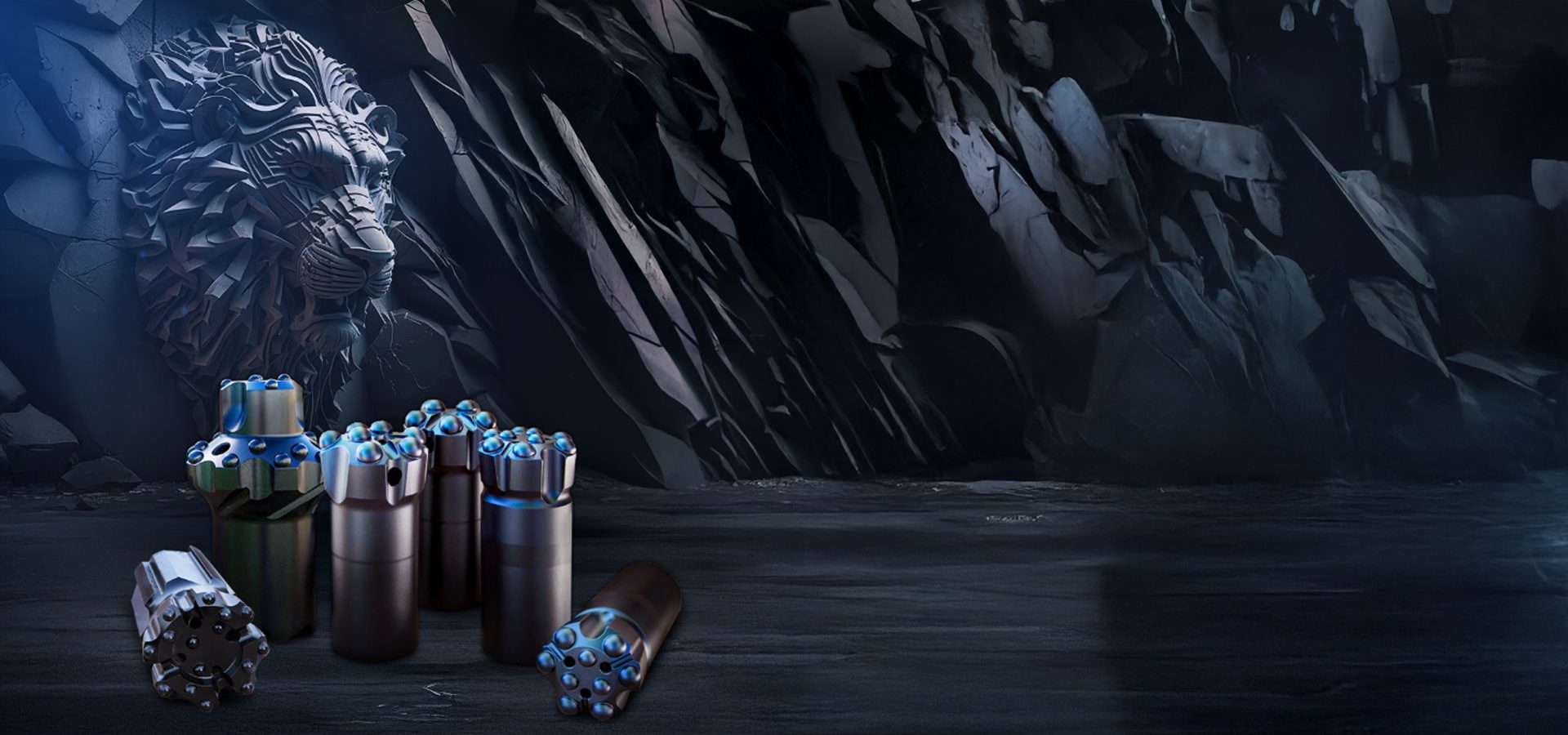 Mining drill bits in a dark cave with a stylized lion head rock carving.