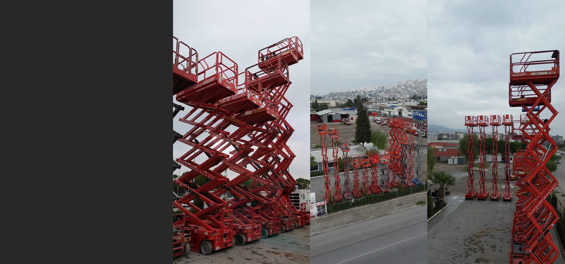 Rows of red scissor lifts, many extended, in an outdoor industrial lot.
