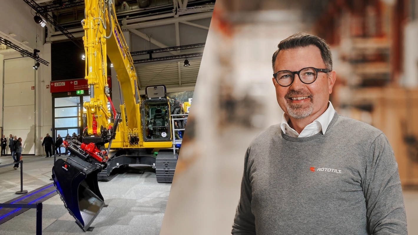 Split image: yellow excavator with bucket indoors; smiling man in glasses and grey Rototilt sweater.
