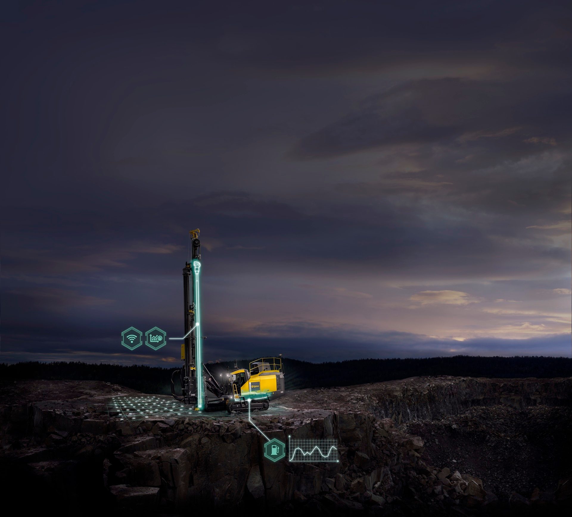 A smart drilling rig with digital data and connectivity overlays on a quarry under a dark sky.