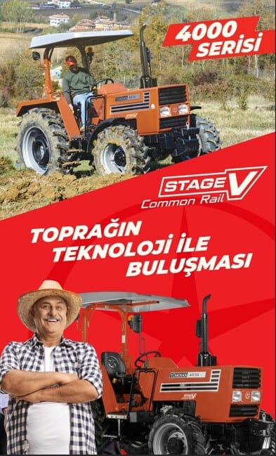 Tümosan 4000 series tractor ad with farmer. Text: Stage V, Technology meets soil.