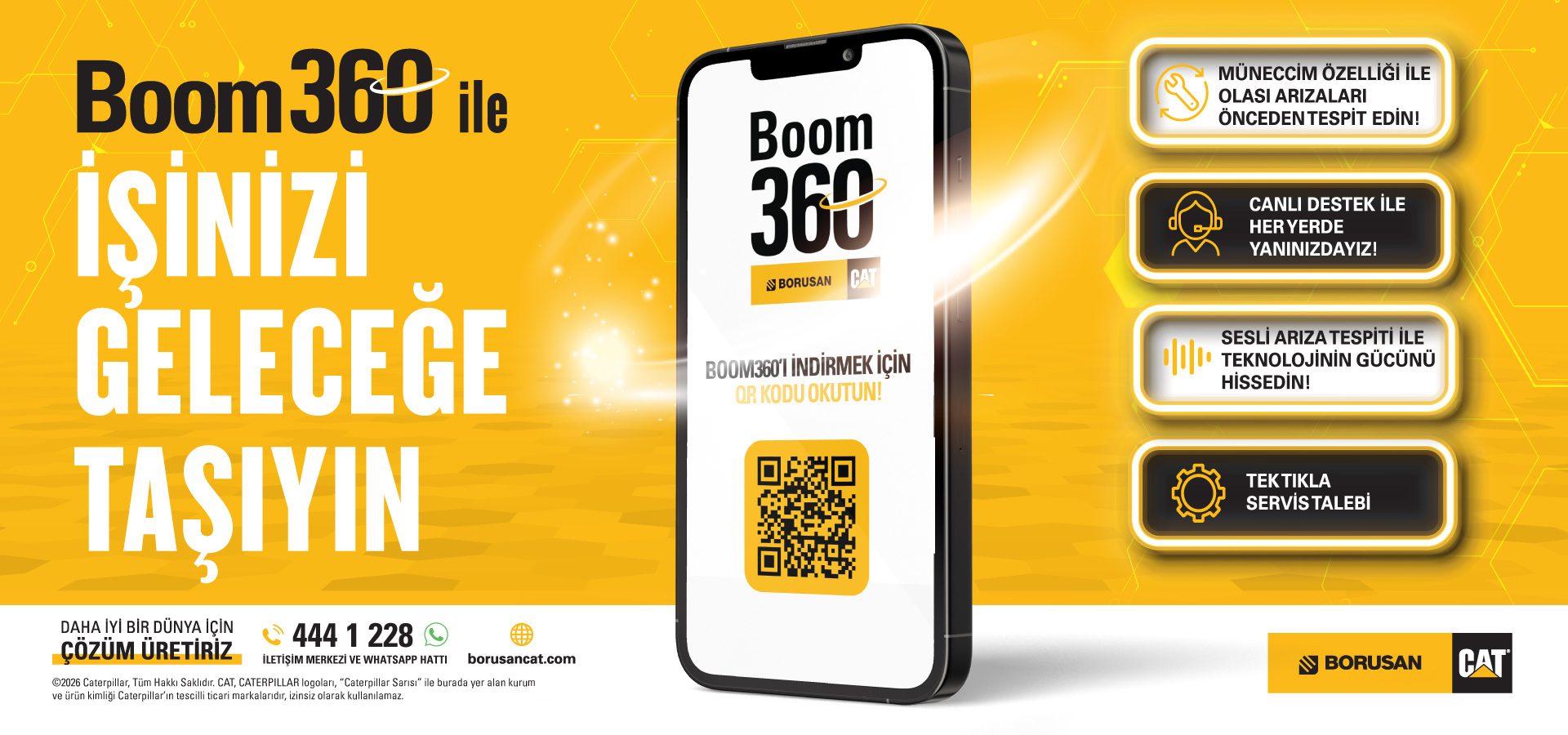 Ad for Borusan Cat's Boom 360 app with phone, QR code, 'Carry your business to the future' slogan and features.