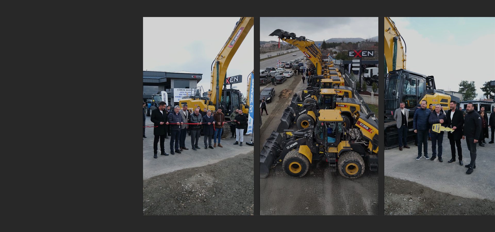 Launch event for XCMG/EXEN construction equipment, with a ribbon cutting and key handover.