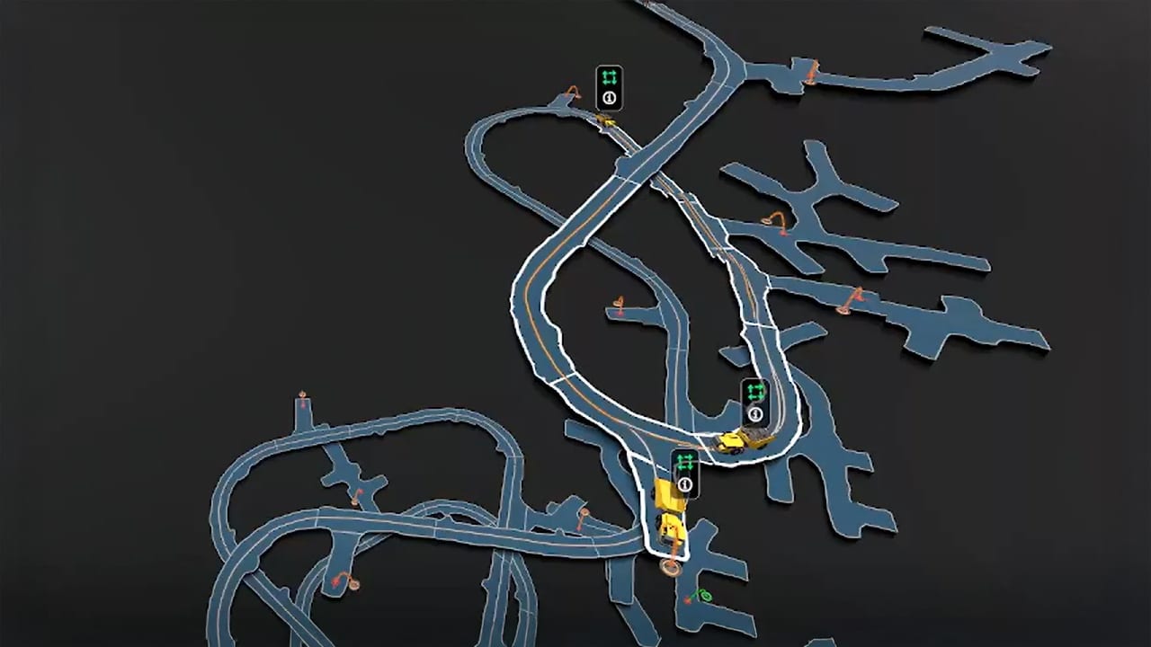 A detailed 3D rendering of an underground mine cart system with multiple tracks, vehicles, and pathways.