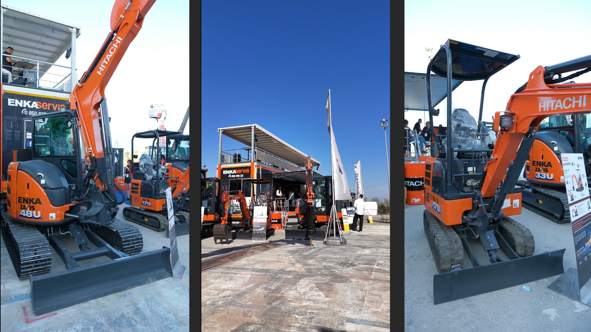 Orange Hitachi mini excavators on display with an ENKA Servis stand outdoors.