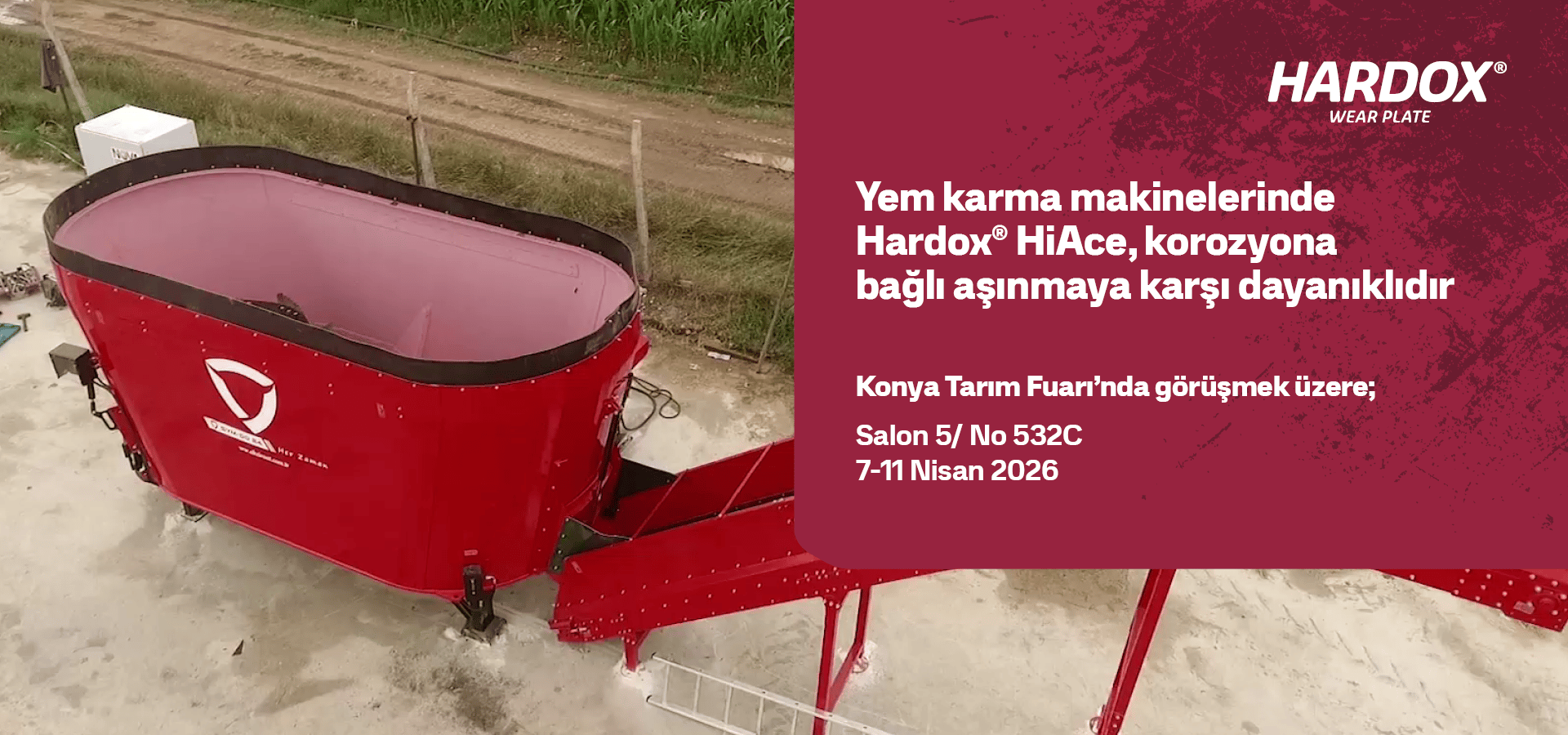 Red agricultural feed mixer machine advertising Hardox HiAce wear plates and an event at Konya Agricultural Fair 2026.