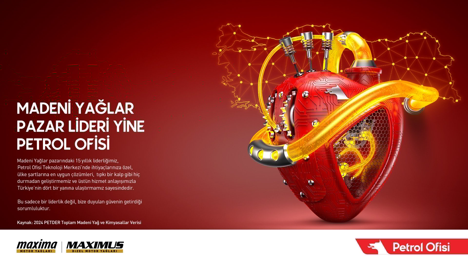 Petrol Ofisi: Lubricant market leader, with a mechanical heart, glowing fluid, and Turkey map.