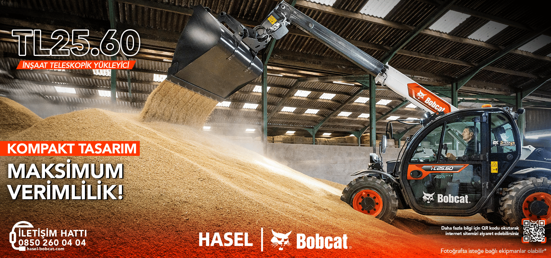 Bobcat TL25.60 telehandler pouring grain in a warehouse, advertising "Compact Design, Maximum Efficiency!".