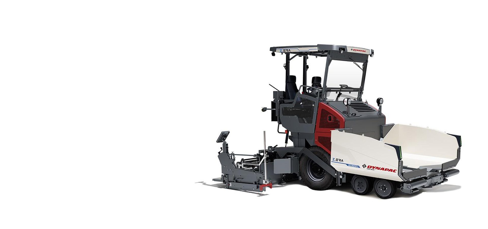 White and gray Dynapac asphalt paver on a white background.