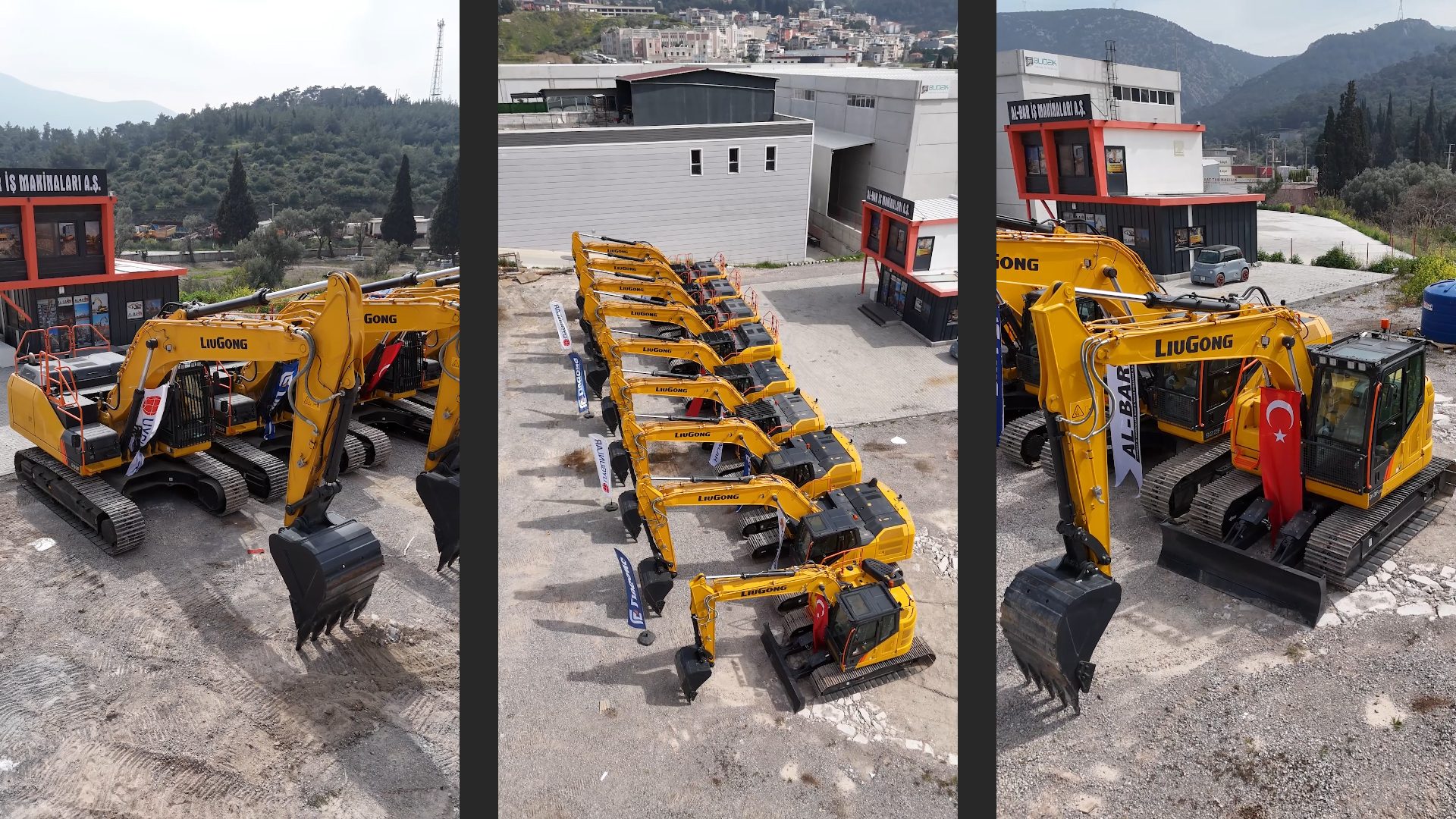 Many new yellow LiuGong excavators displayed outdoors, some with Turkish flags, against a hilly background.
