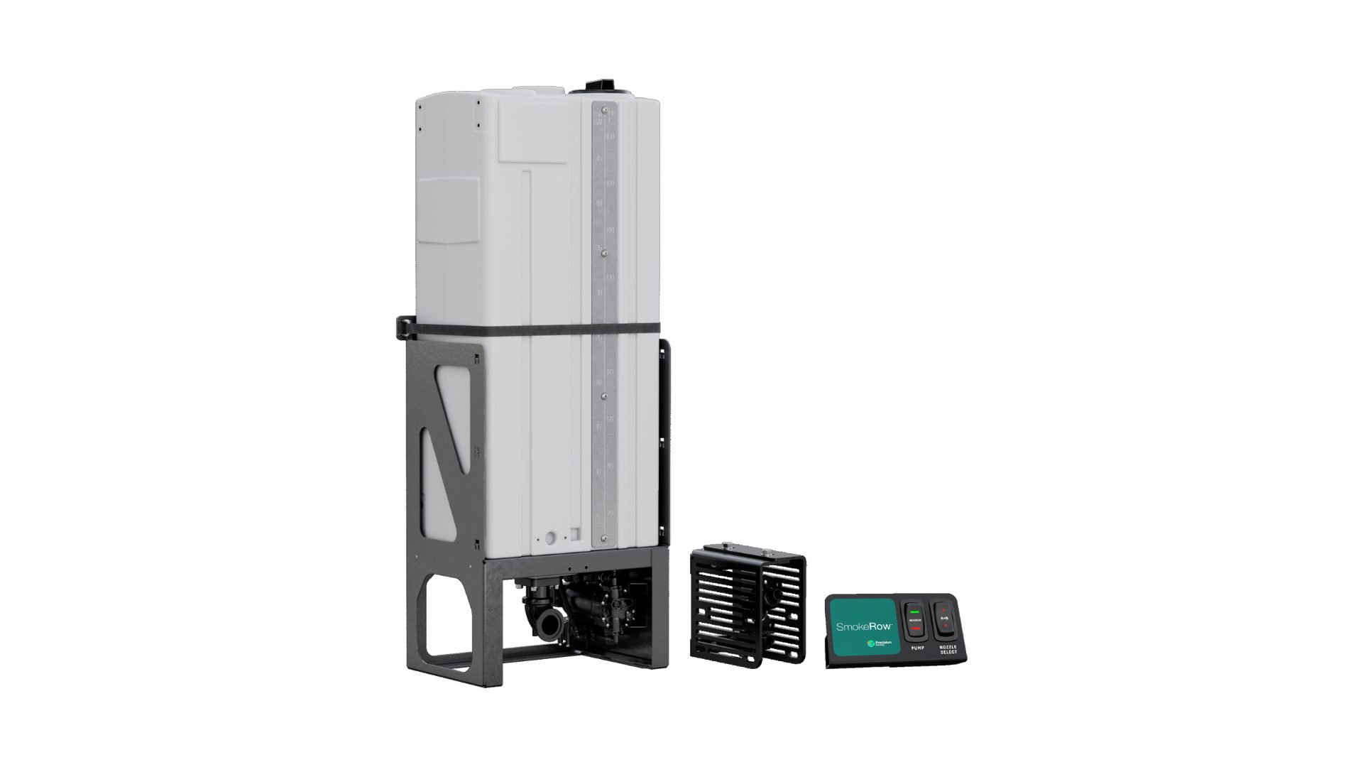 A white tank on a stand, a black box, and a SmokeRow control panel against a white background.