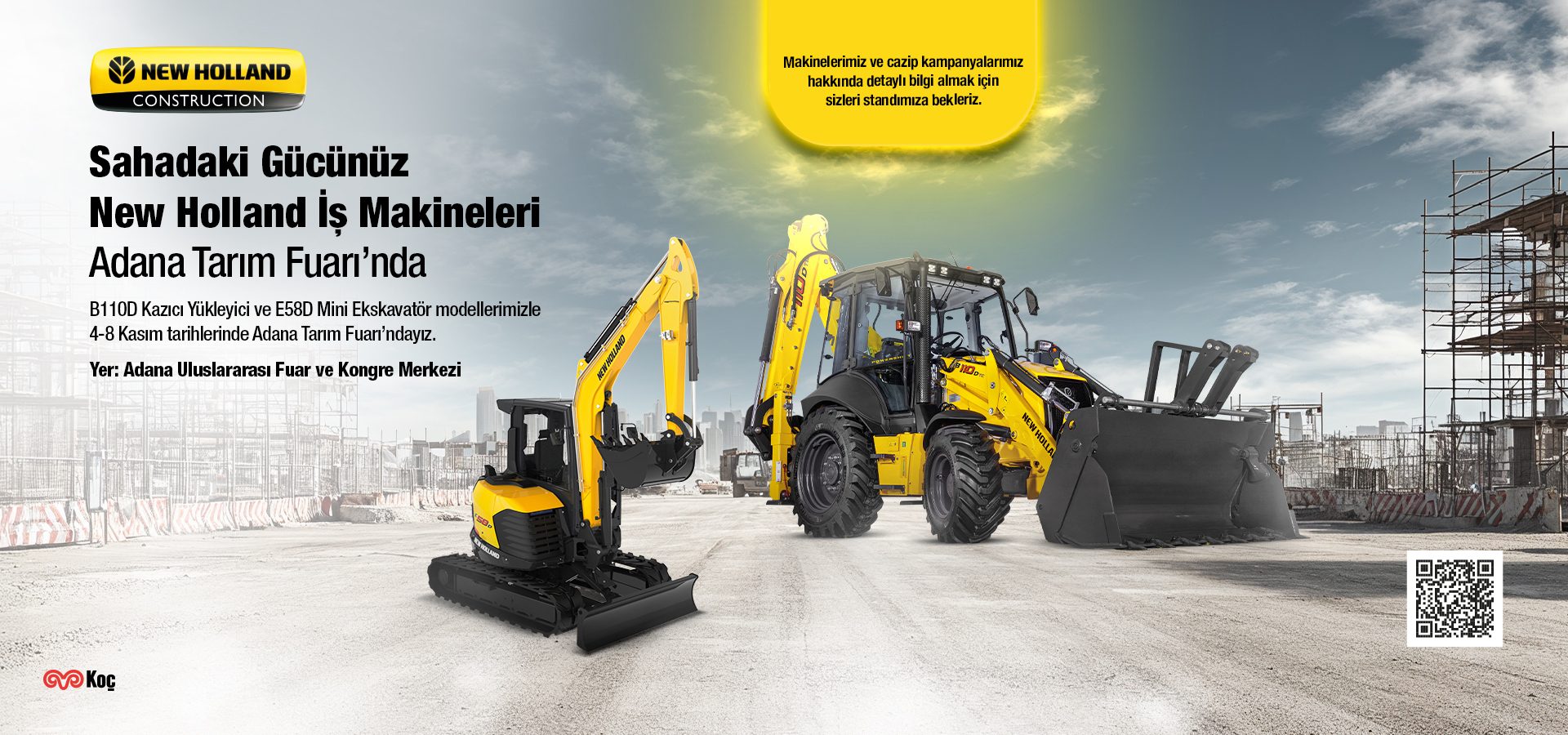 New Holland construction machines, including an excavator and backhoe loader, at Adana Agricultural Fair.